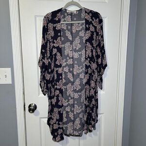Lola Sky Kimono Cardigan Women's Medium Black Floral 100% Rayon Boho Duster NWOT